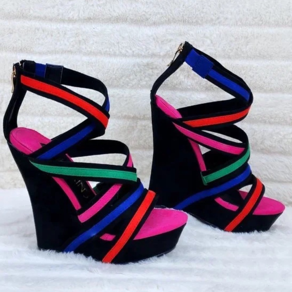 * Mackin J  Black Multi-Colored Strappy Platform Wedge